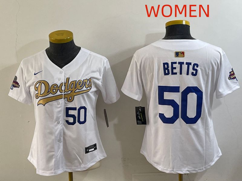 Women Los Angeles Dodgers #50 Betts White Champion edition Nike MLB Jersey style 002